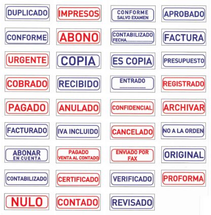 Impressions diverses de segells genèrics com pagat, duplicat, abono, urgent, registrat, aprovat, facturat,